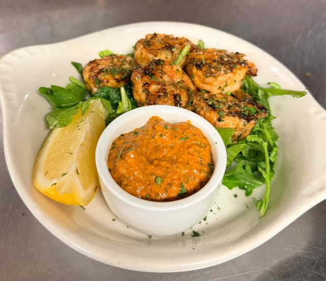 Fire- Grilled Prawns with Romesco.